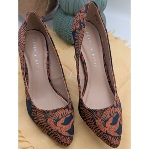 Kelly & Katie Astivia Orange Black Peacock Print Pointed Toe Pumps Flaw New 7.5